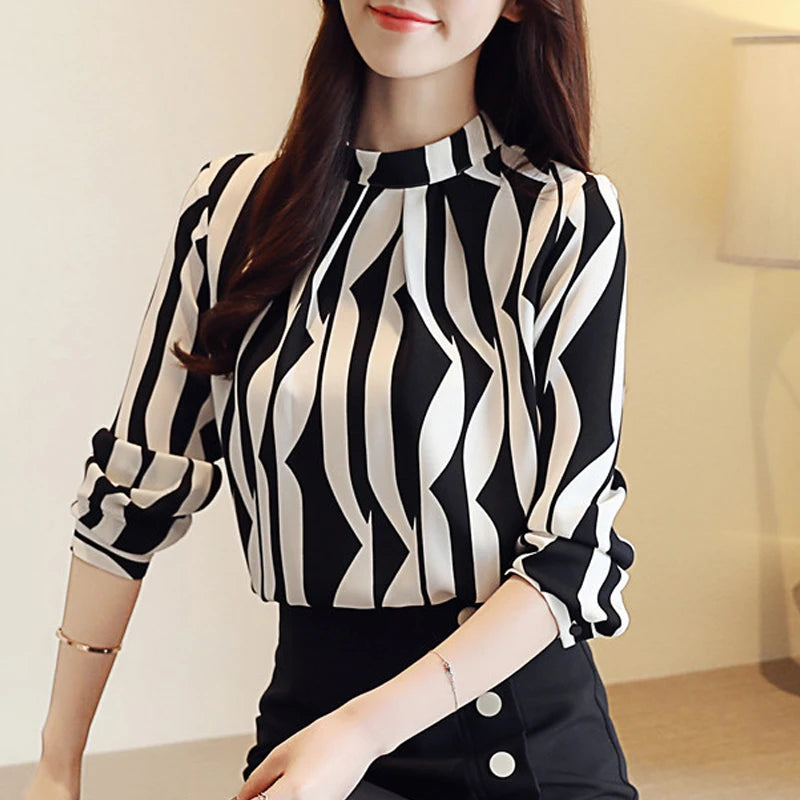 Chiffon Striped Long Sleeves Women Blouse