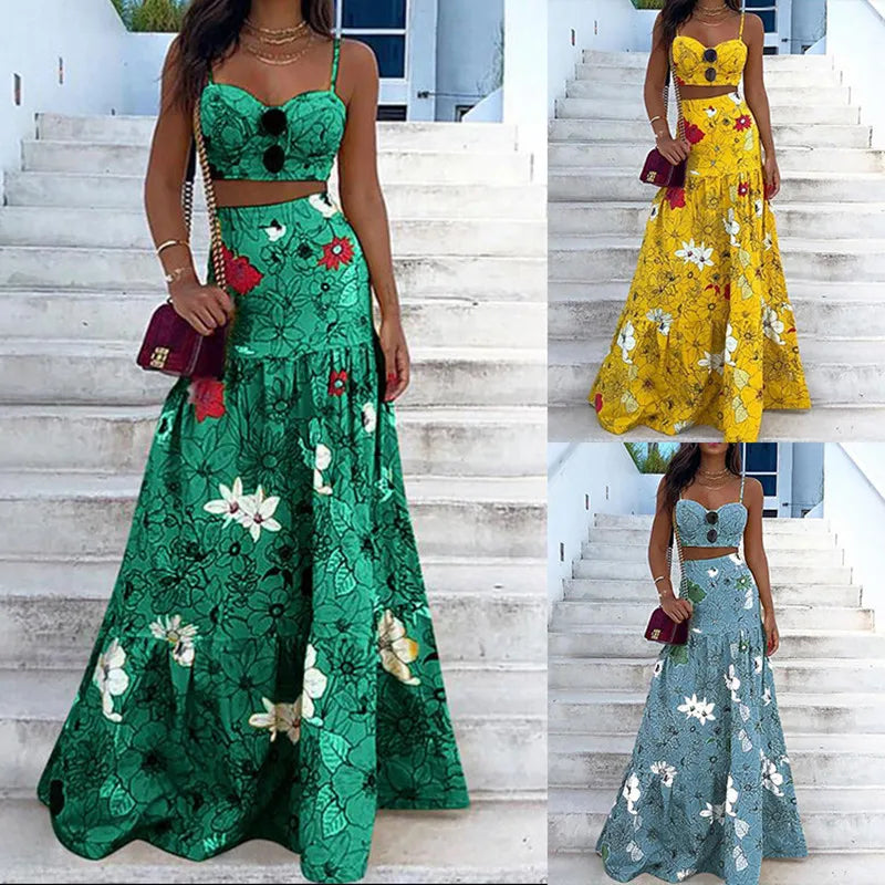 New Floral Print Two Piece Set Maxi Skirt Spaghetti Strap Crop Top