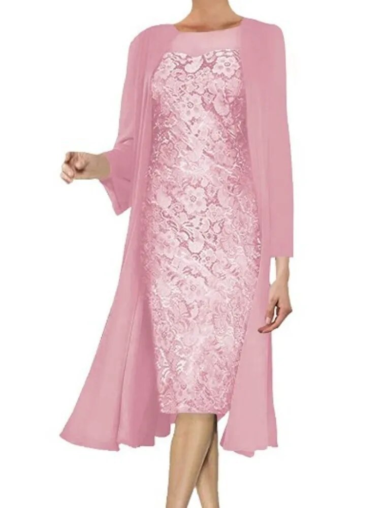 Mother of The Bride Wedding's Chiffon Lace Midi Dress Two Piece Set