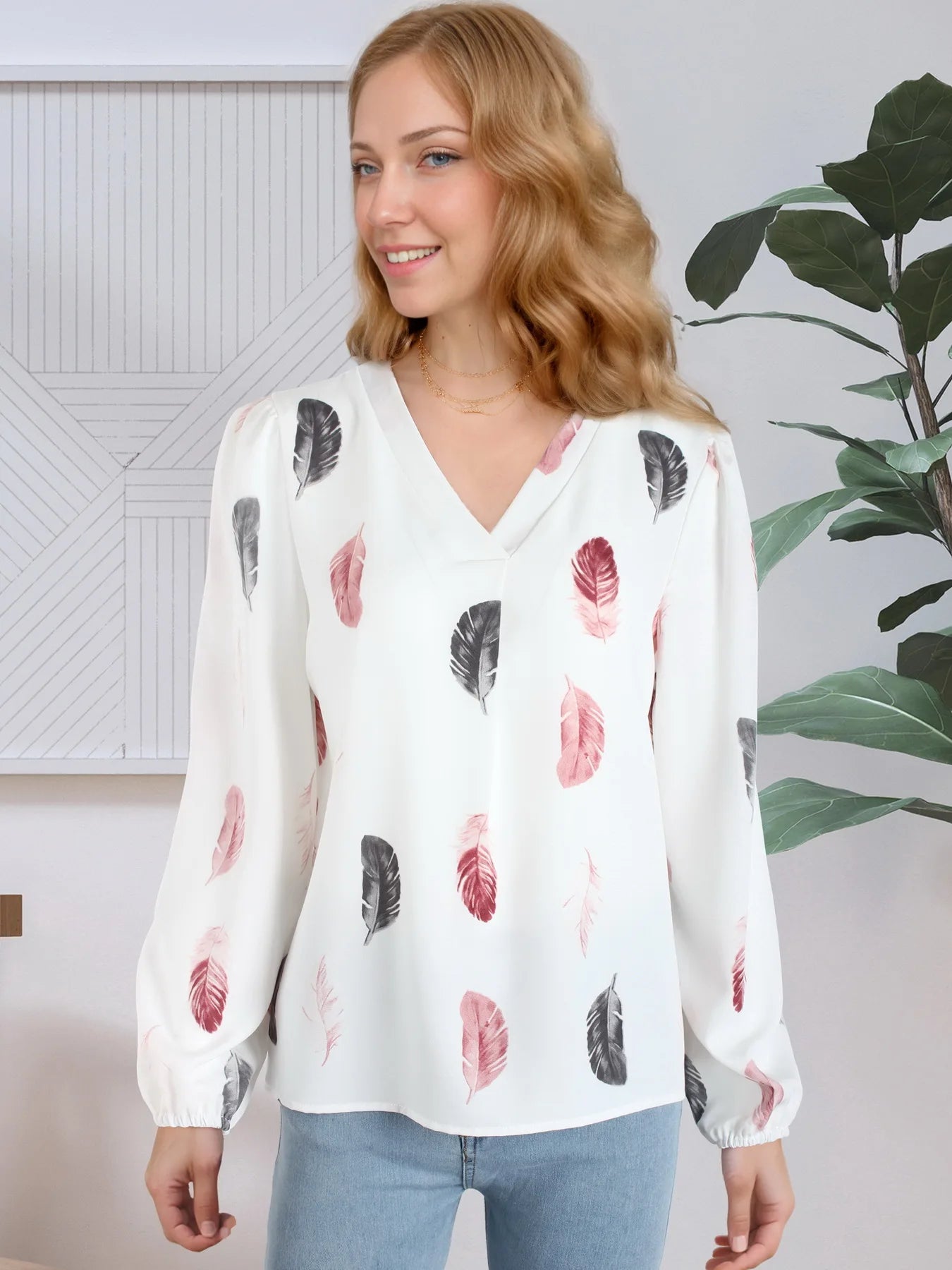 Women's Printed V Neck Blouse