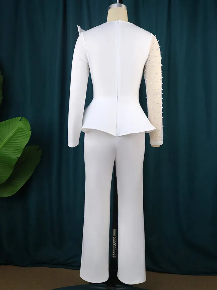 Women Vintage Beaded Long Sleeve Mesh Jumpsuit
