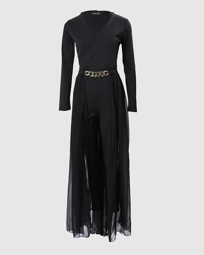 Deep V Neck Mesh Long Sleeves Jumpsuit