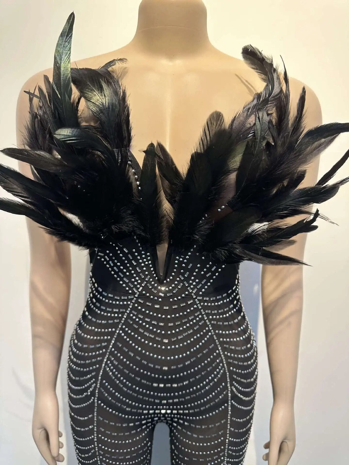 Off Shoulder Mesh Rhinestone Beaded Feather Jumpsuits