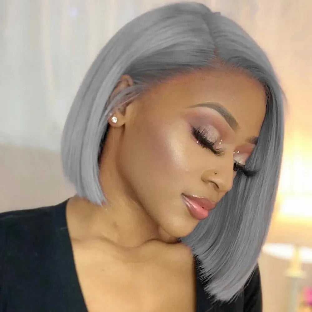 Grey Bob HD Lace Front Wig Brazilian Remy Human Hair Pre-Plucked