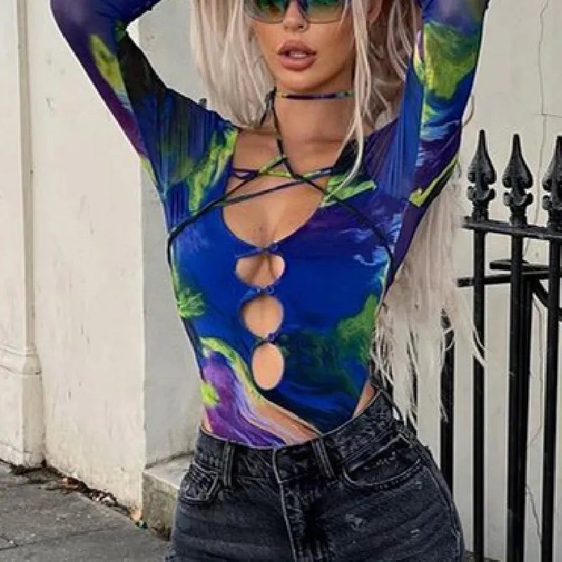 Sexy Deep V-neck Bandage Long Sleeve Bodysuit