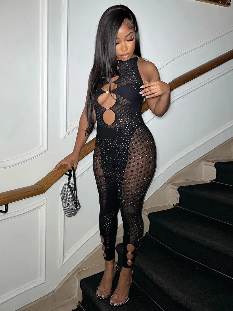 Women Rhinestones Jumpsuit