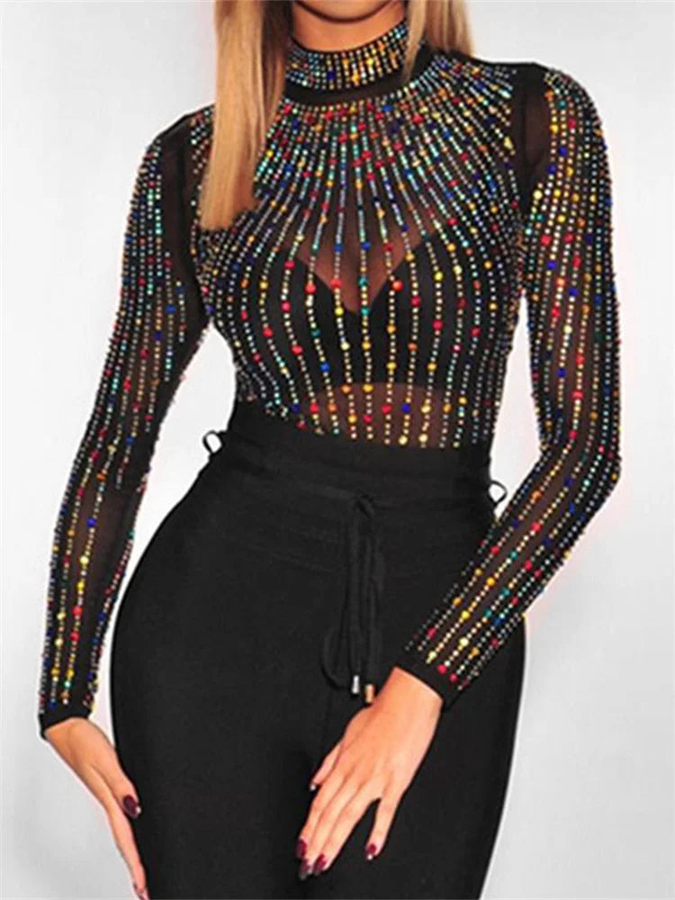 Women Sheer Rhinestone Long Sleeves Bodysuit