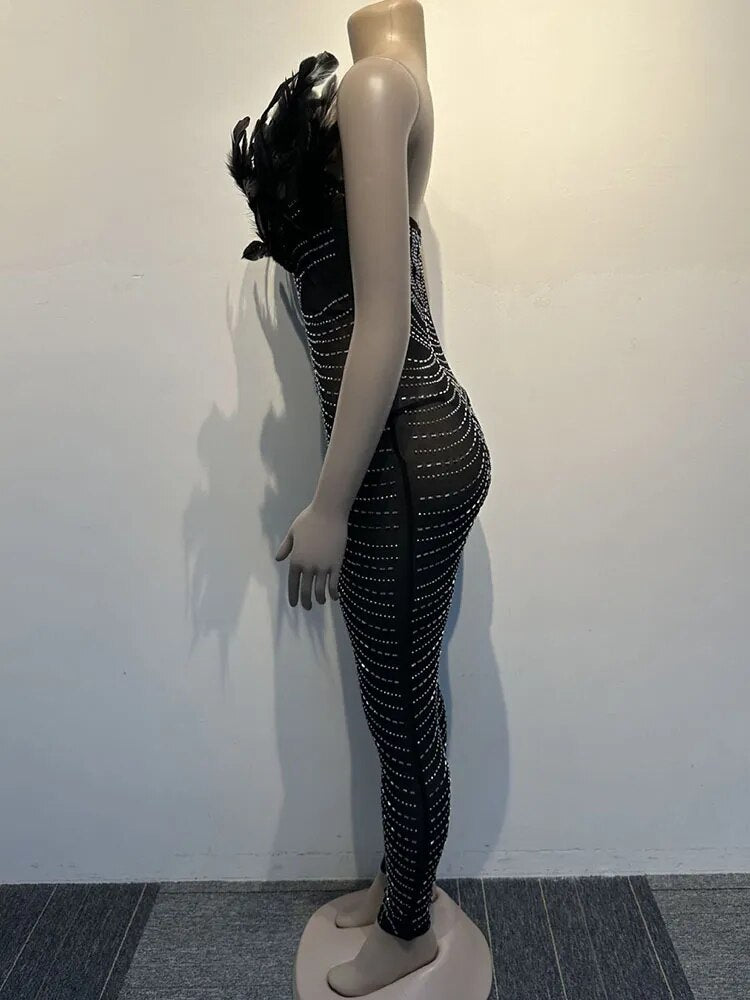 Off Shoulder Mesh Rhinestone Beaded Feather Jumpsuits