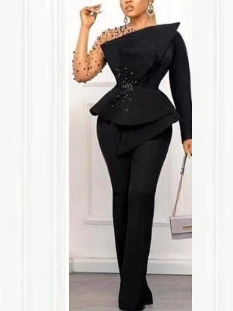 Women Vintage Beaded Long Sleeve Mesh Jumpsuit