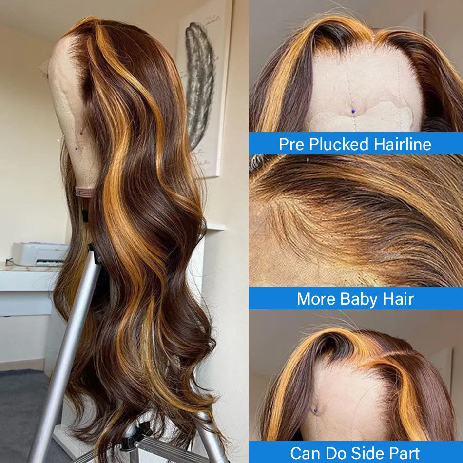 Hd Highlight Human Hair Ombre Honey Blonde Body Wave Lace Front Wig