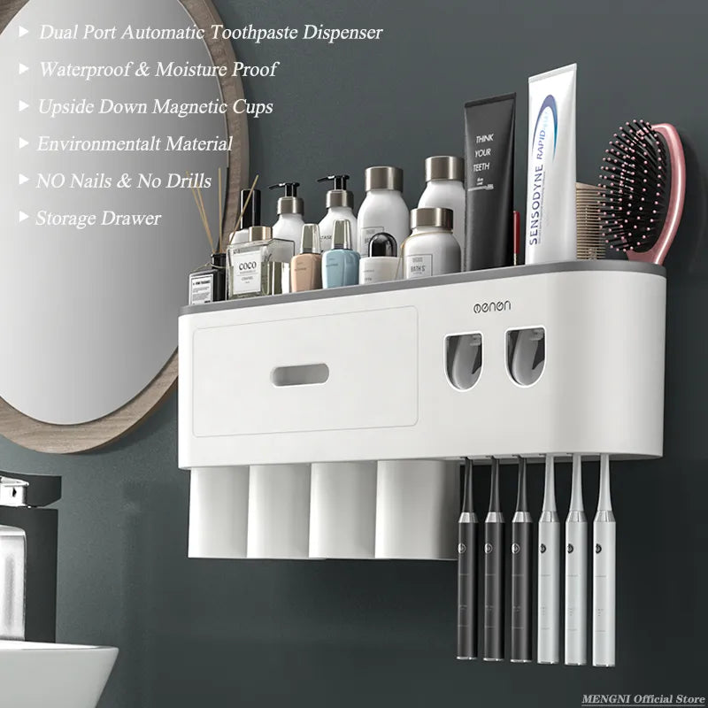 Magnetic Adsorption Inverted Toothbrush Holder Wall -Automatic Toothpaste Squeezer