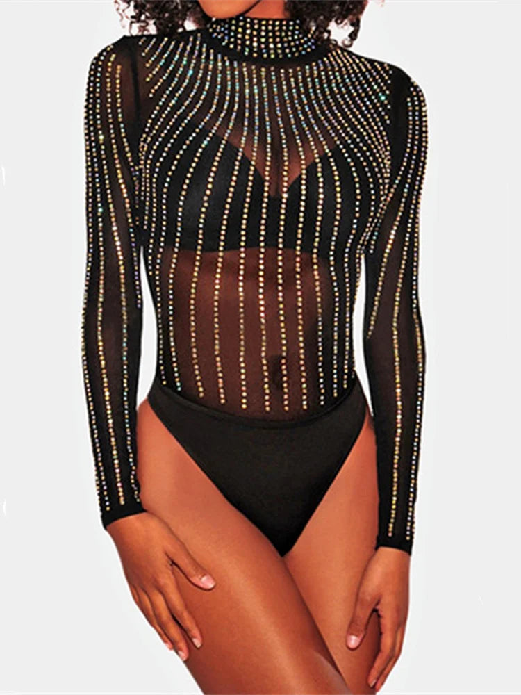 Women Sheer Rhinestone Long Sleeves Bodysuit