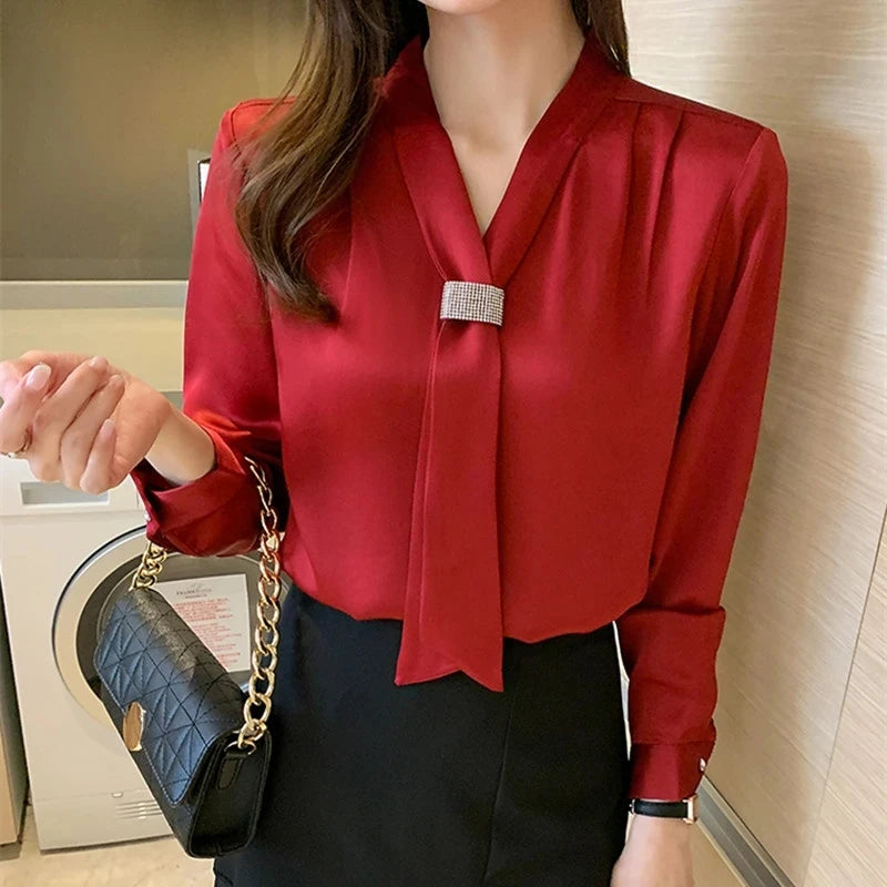 Satin Long Sleeves Ribbon Blouse