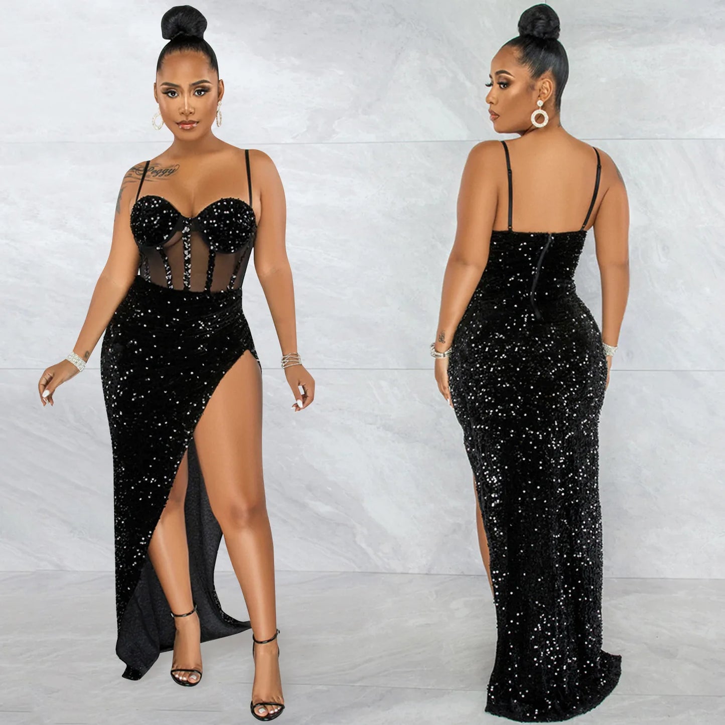 High Side Split Sequin Bodycon Maxi Evening Dress