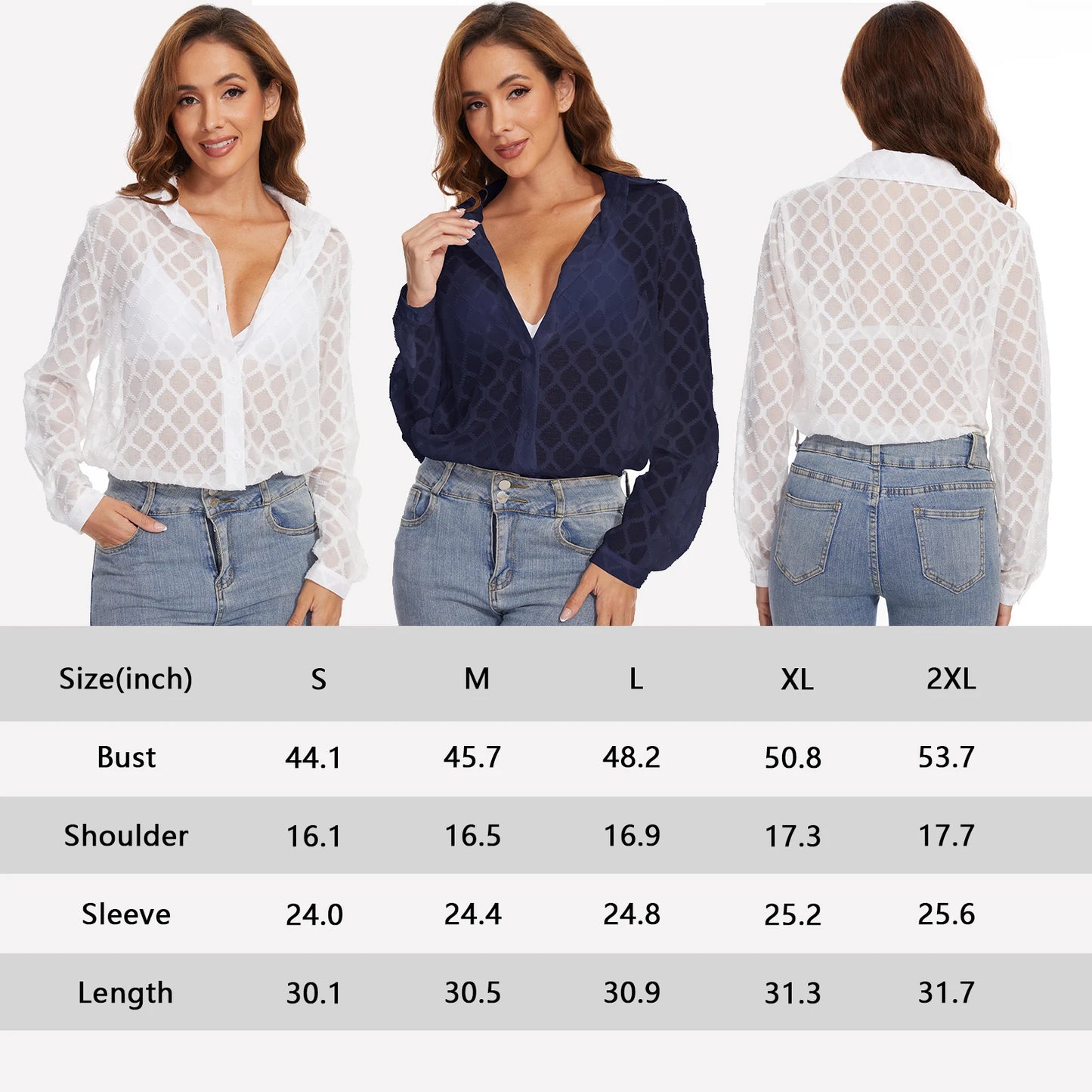 Women's Long Sleeve V Neck Mesh Sheer Blouse