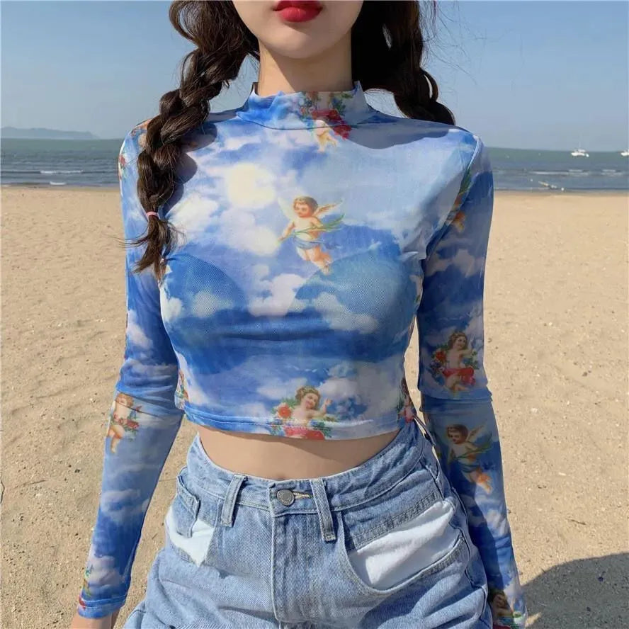Angel Print Long Sleeve Croc Top