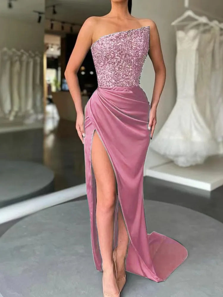 Women Elegant Sequin Bodycon Strapless Maxi Dress