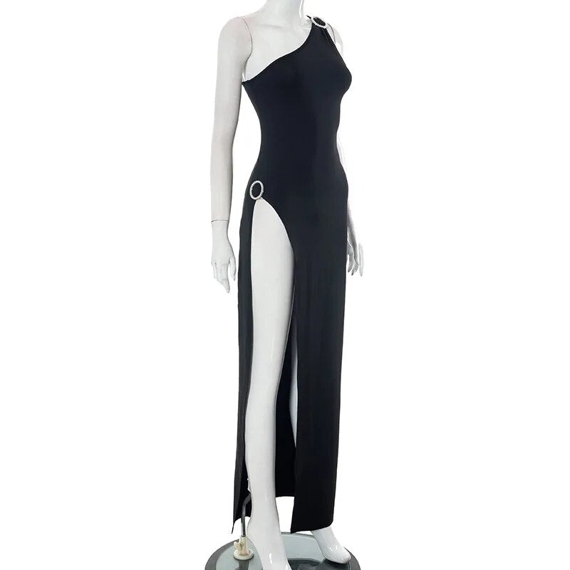 One Shoulder Sexy Black Bodycon Maxi Dress