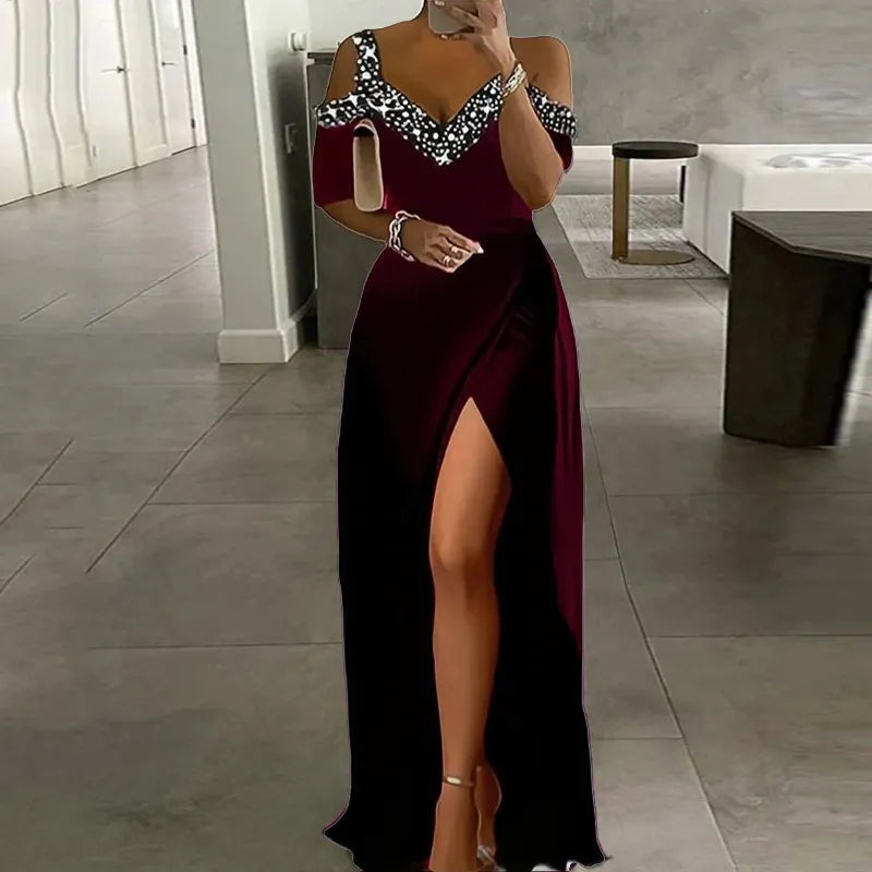 Women V Neck Off Shoulder Formal Evening Dress