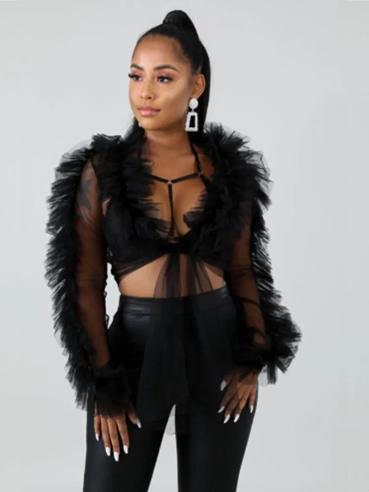 Mesh Sheer See Through Ruffle Long Sleeve Lace-up Crop Top