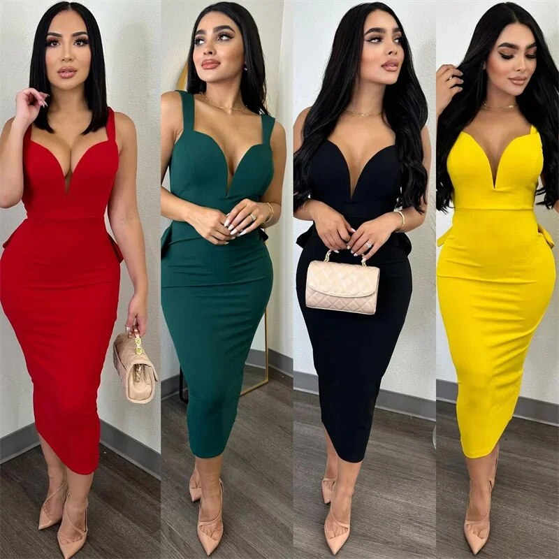 Elegant Women Sexy V-neck Backless Bowknot Ruffles Bodycon Midi Dress
