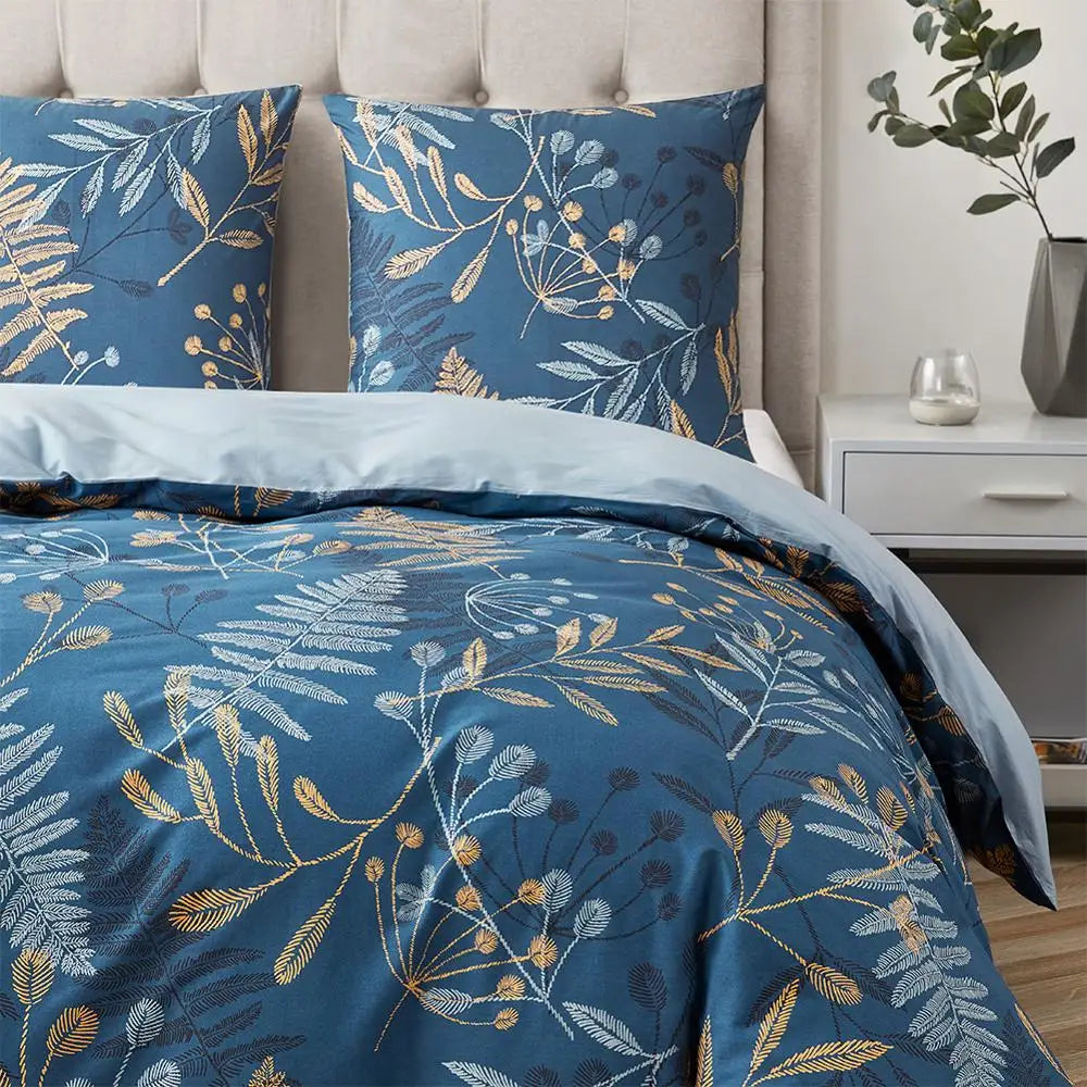 Cotton Duvet Cover Set Blue Printed Microfiber Bedding