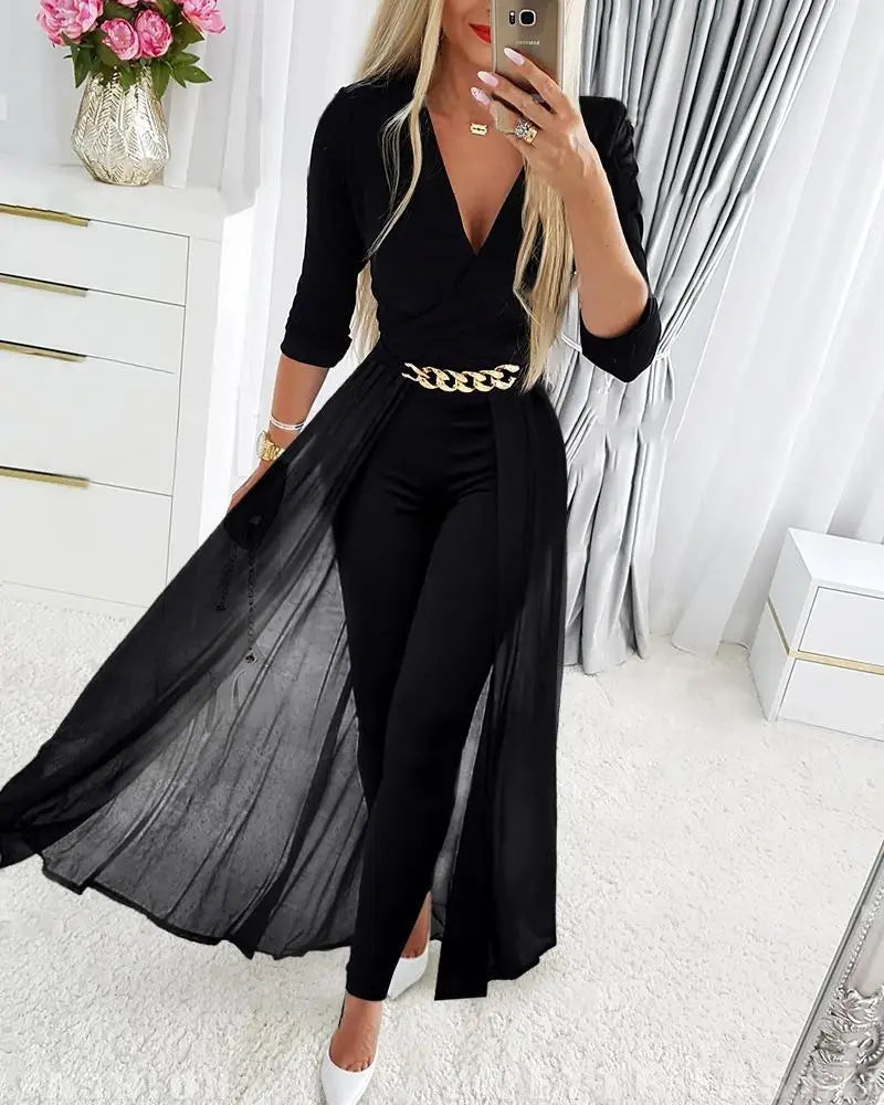 Deep V Neck Mesh Long Sleeves Jumpsuit