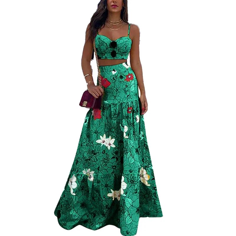 New Floral Print Two Piece Set Maxi Skirt Spaghetti Strap Crop Top