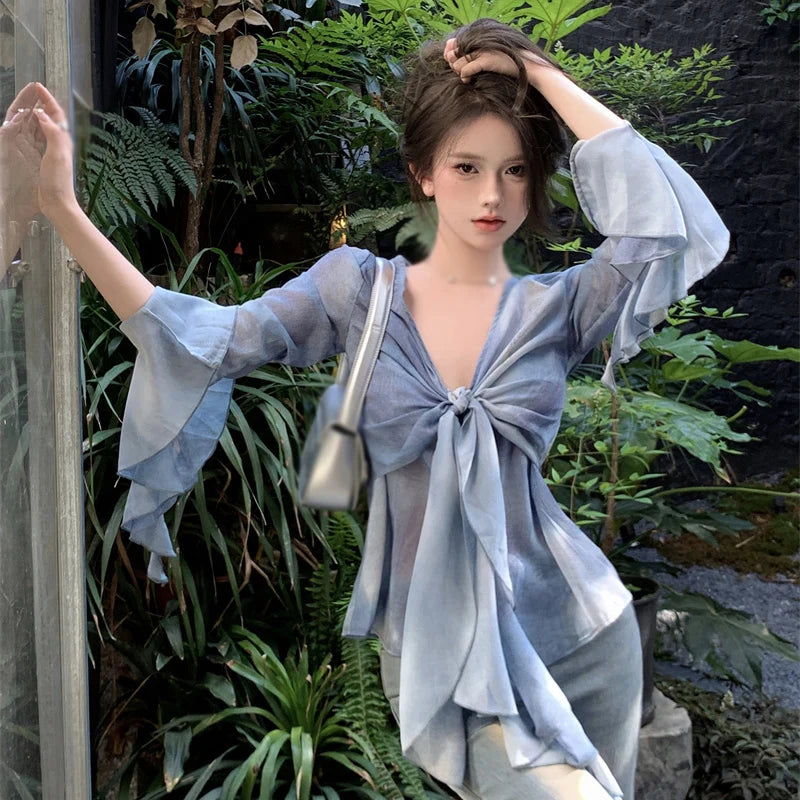 Long sleeves Chiffon V-neck Sexy Top