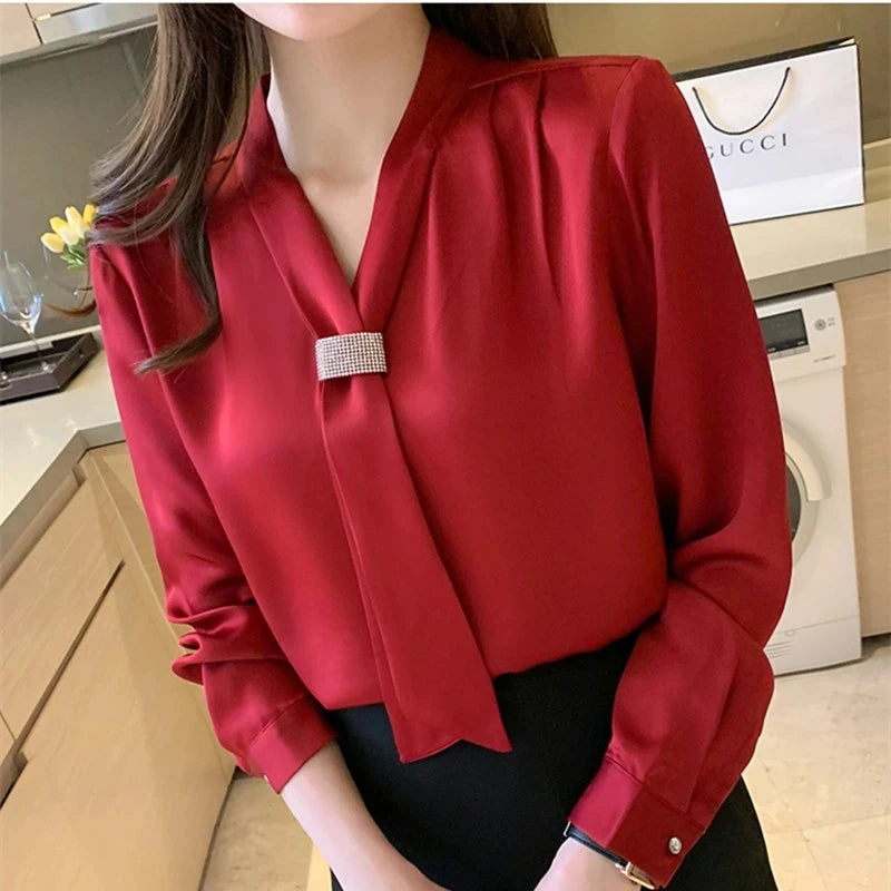 Satin Long Sleeves Ribbon Blouse