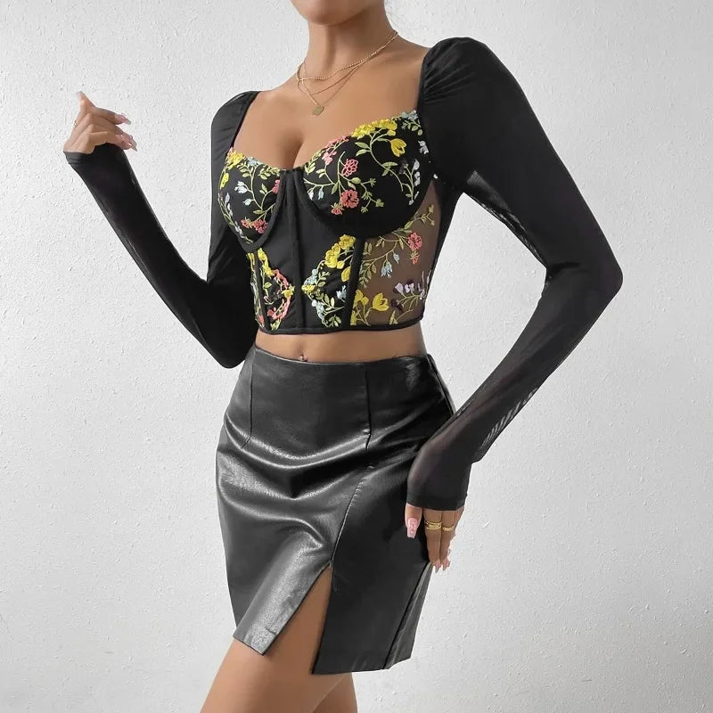 Embroidery Long Sleeve Corset Crop Top