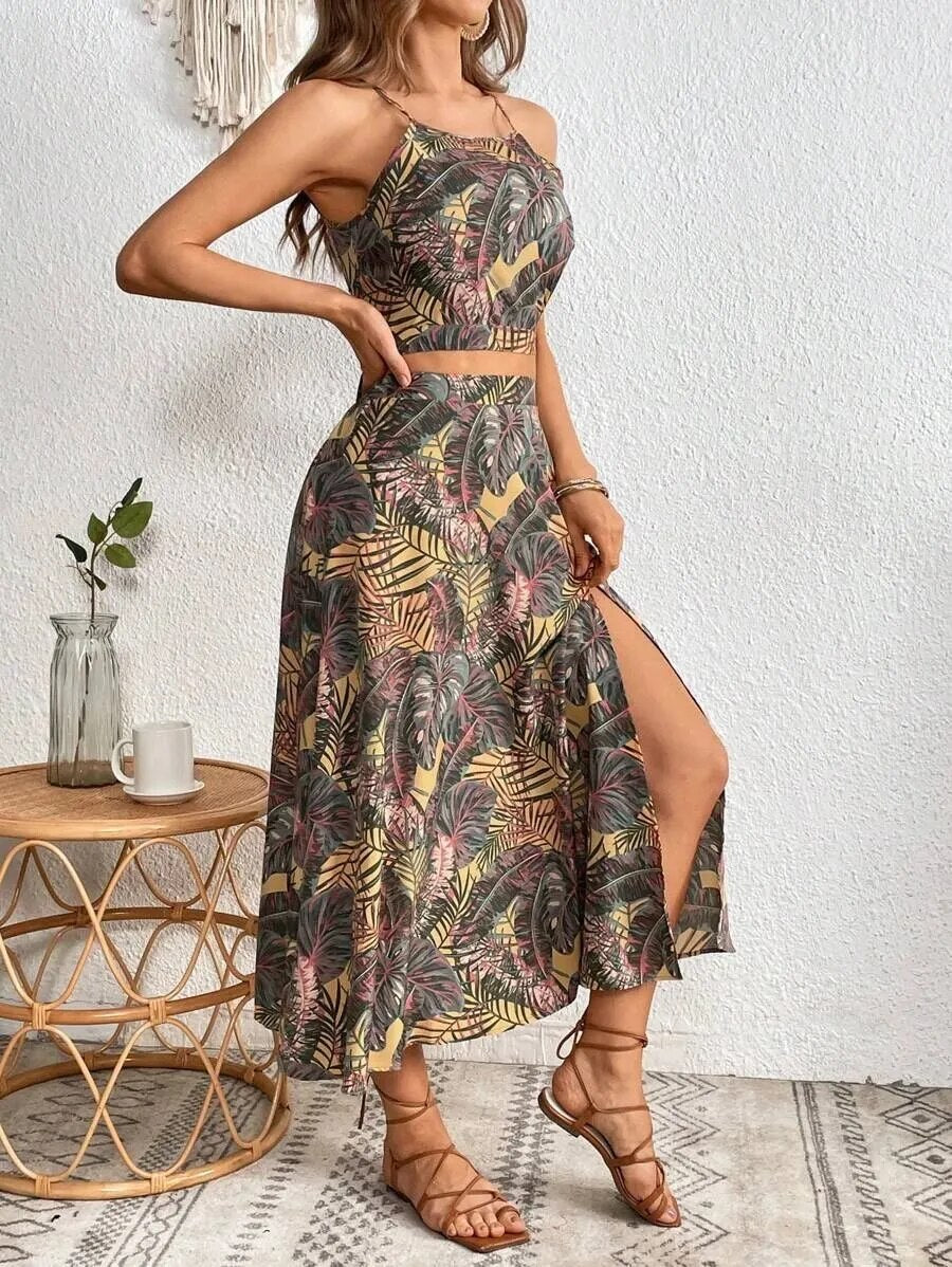 Two Piece Spaghetti Strap Top Skirt Set Floral Print