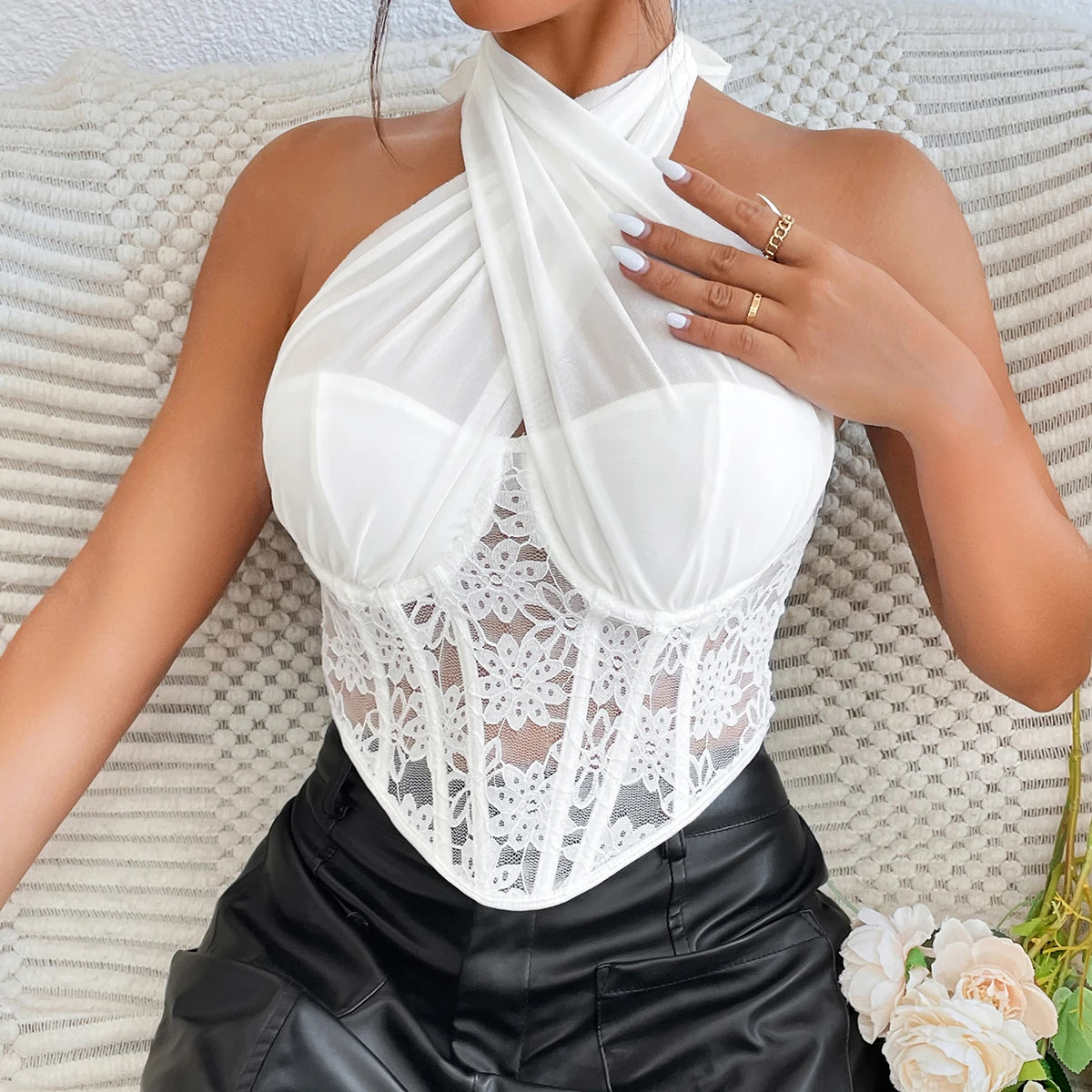 Sleeveless Embroidery Cross Halter Crop Top