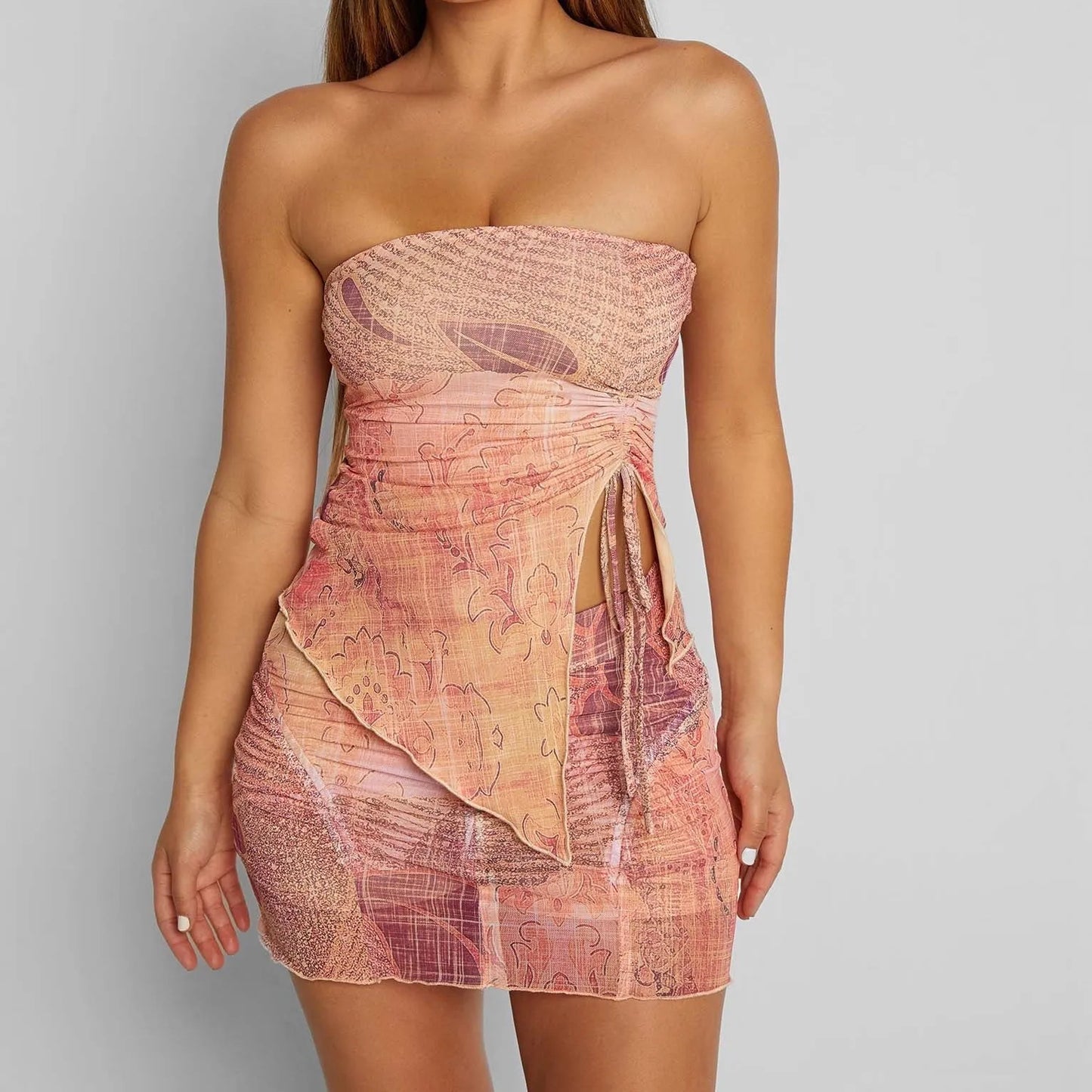 Two Piece Printed Outfit Strapless Top And Skirt