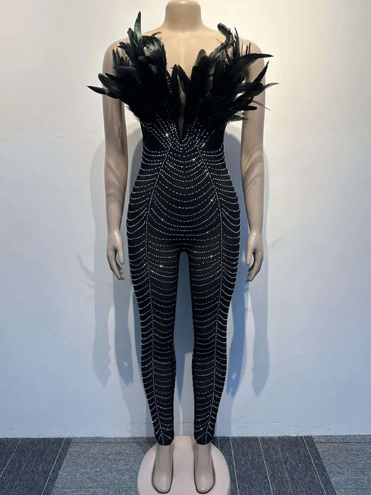 Off Shoulder Mesh Rhinestone Beaded Feather Jumpsuits