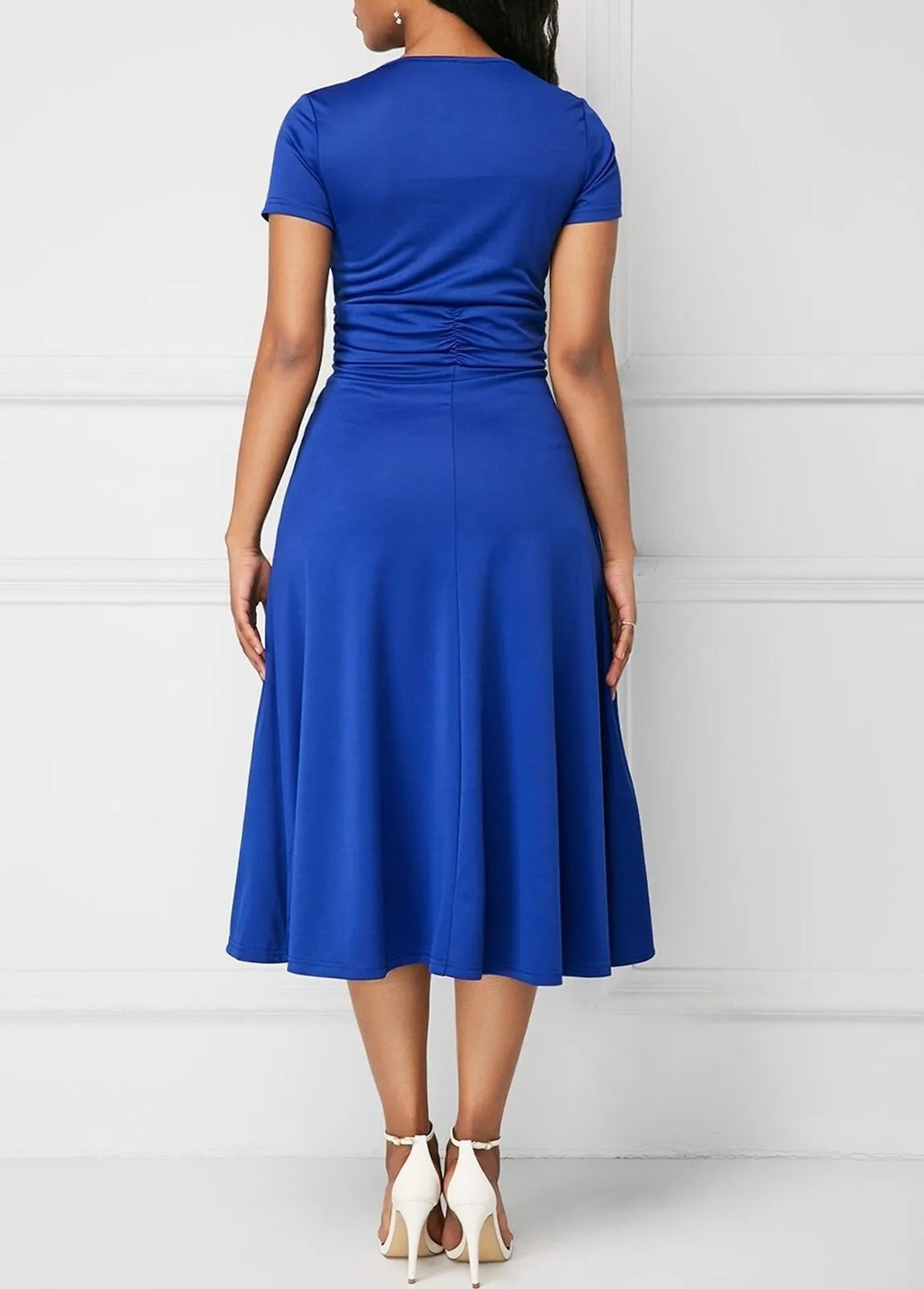 Solid Color Short Sleeve V Neck Asymmetric Midi Dress