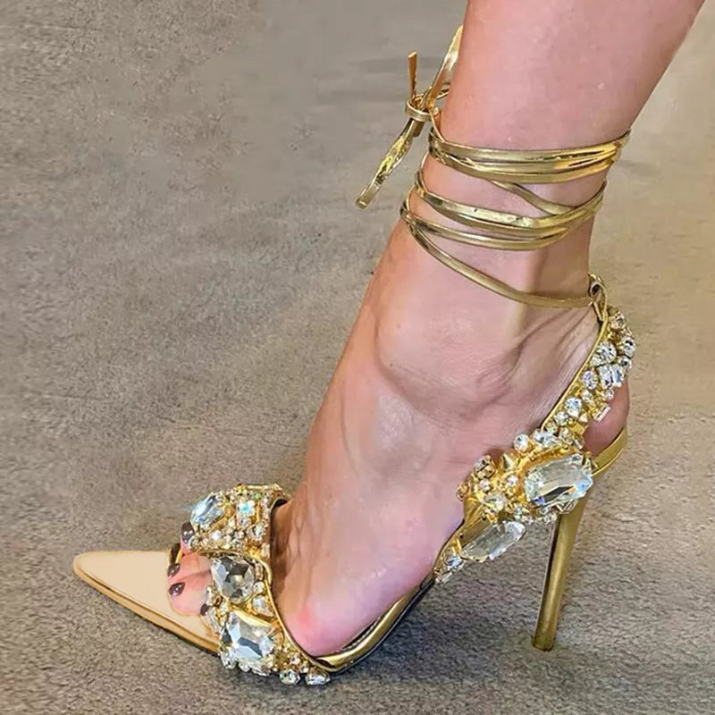 Liyke Sexy Strappy Sandals High Heels Crystal Diamond