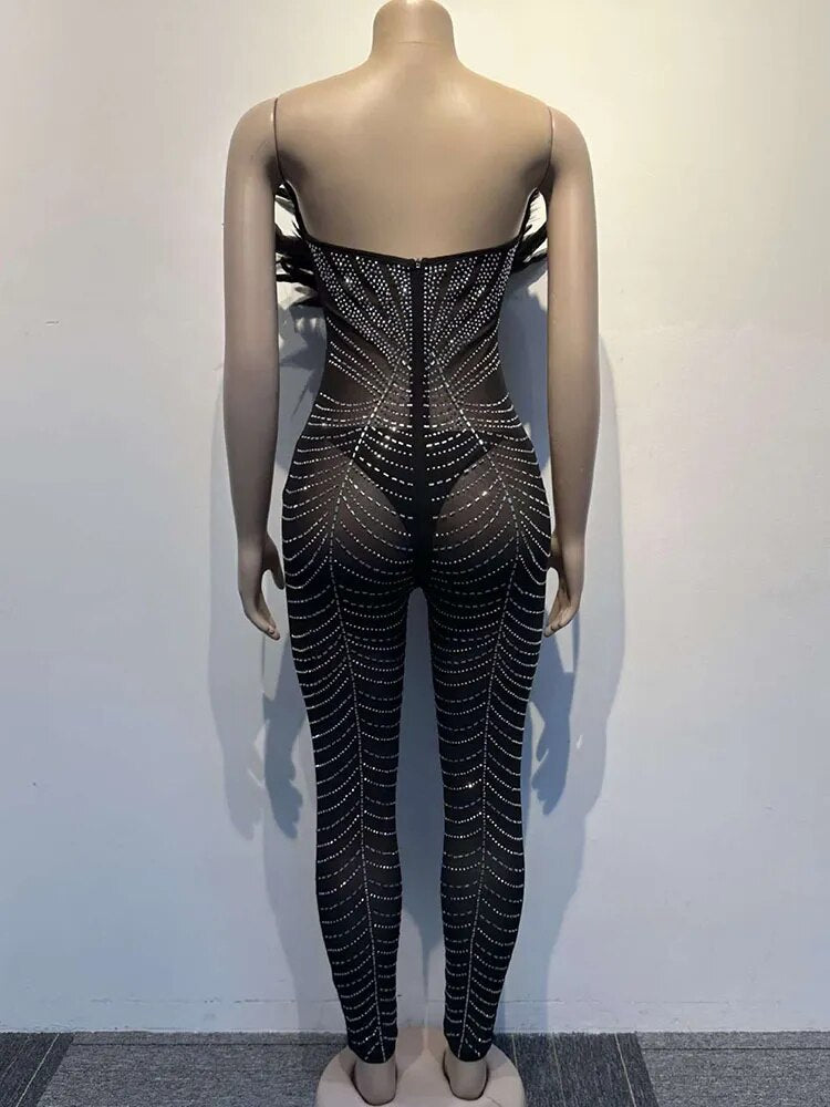 Off Shoulder Mesh Rhinestone Beaded Feather Jumpsuits