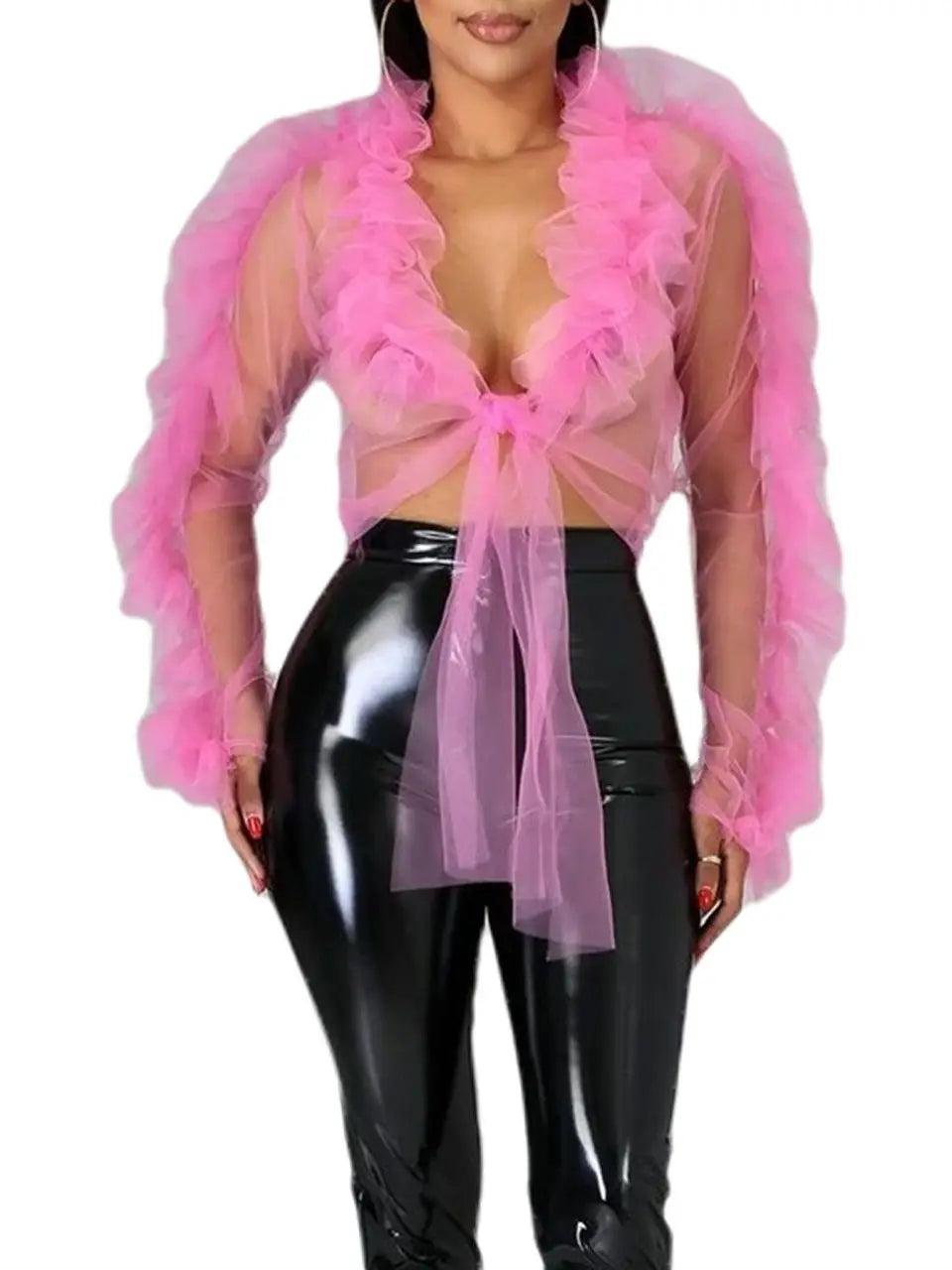 Mesh Sheer See Through Ruffle Long Sleeve Lace-up Crop Top