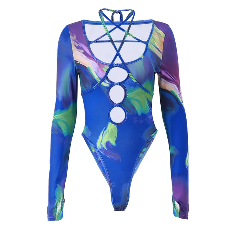 Sexy Deep V-neck Bandage Long Sleeve Bodysuit