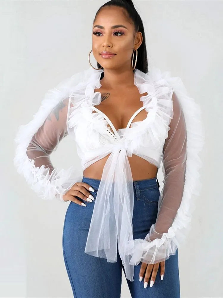 Mesh Sheer See Through Ruffle Long Sleeve Lace-up Crop Top