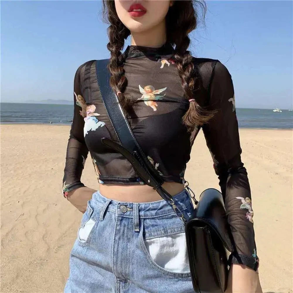 Angel Print Long Sleeve Croc Top
