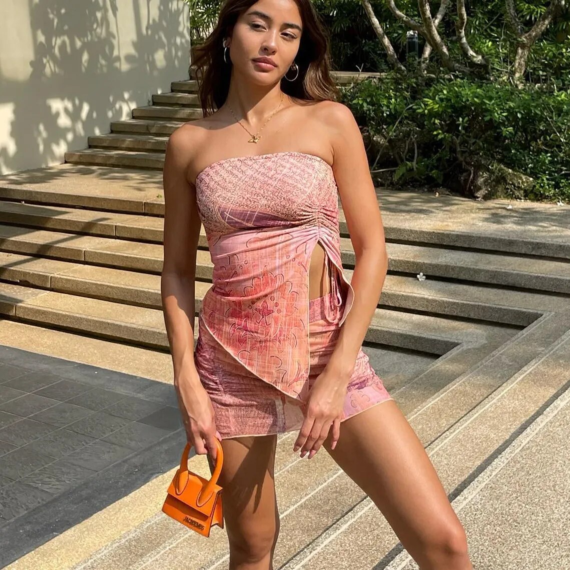 Two Piece Printed Outfit Strapless Top And Skirt
