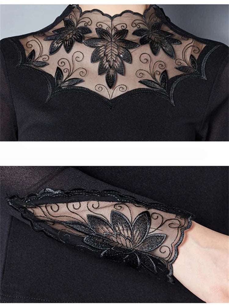 Hollow Out Lace Casual Long Sleeve Turtleneck Blouse
