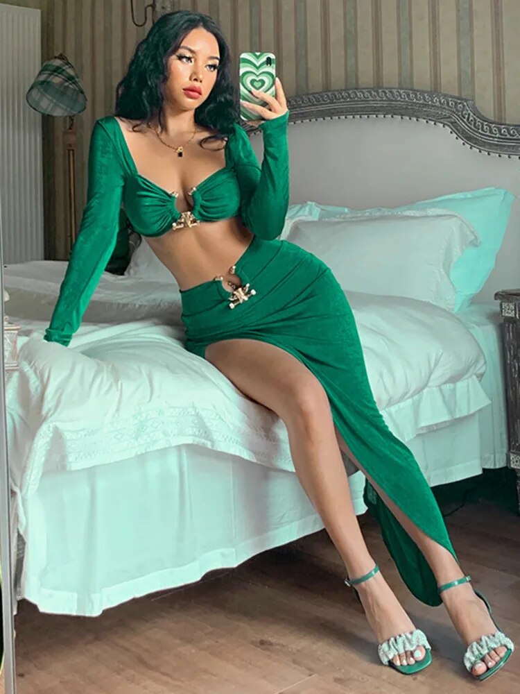 Two Piece Set Women Square Collar High Split Skirt Matching Set