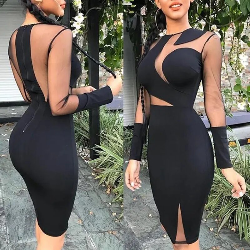 Women Sheer Mesh Bodycon Maxi Dress