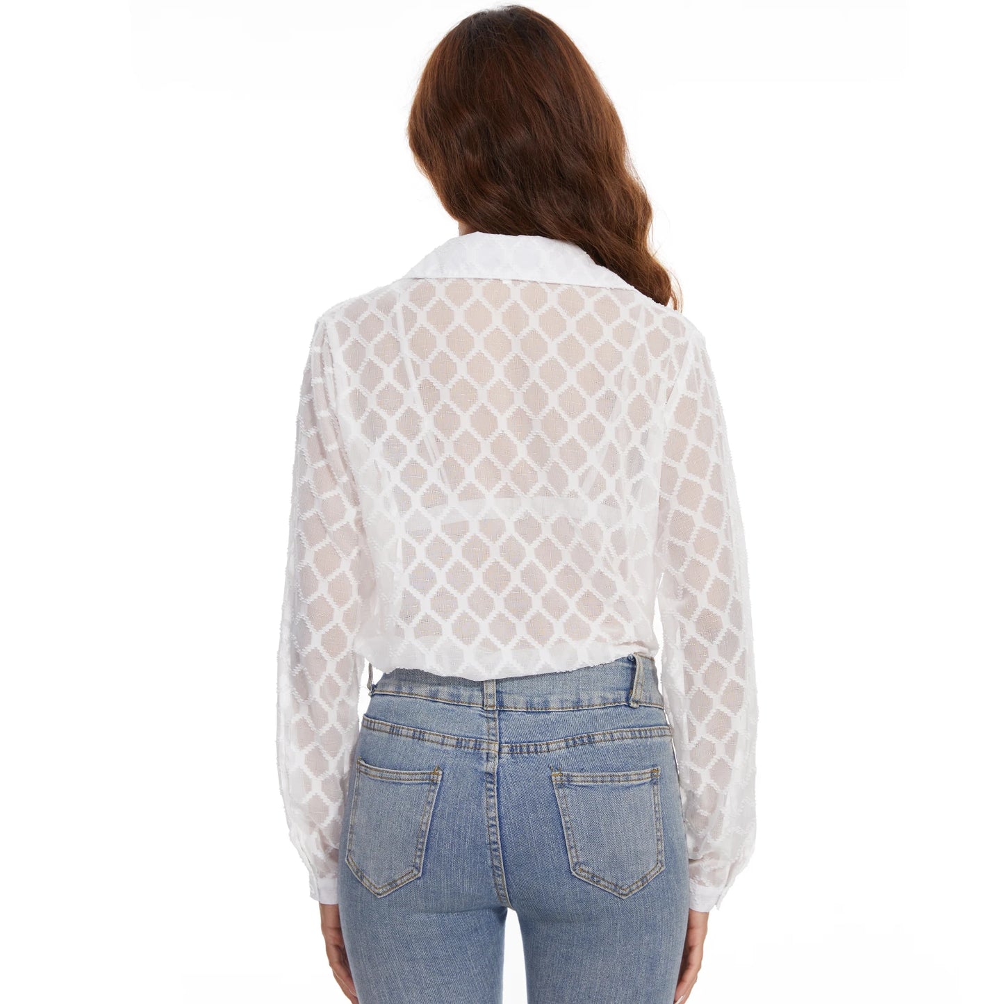 Women's Long Sleeve V Neck Mesh Sheer Blouse