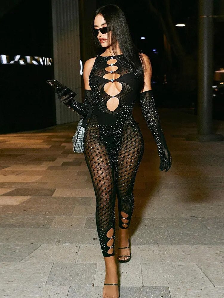 Women Rhinestones Jumpsuit