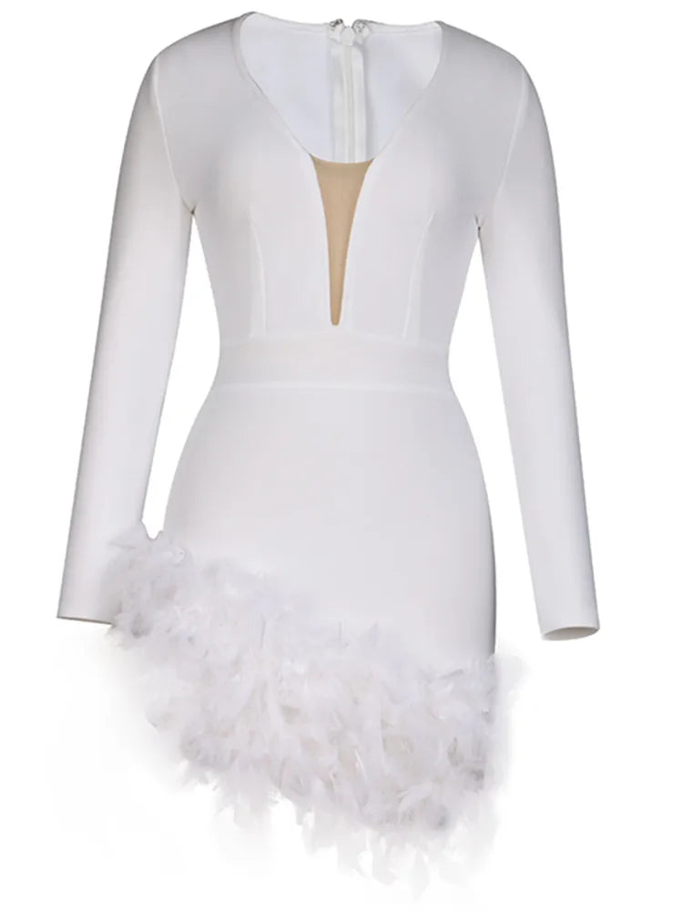Sexy V Neck Long Sleeve Feather Cocktail Dress