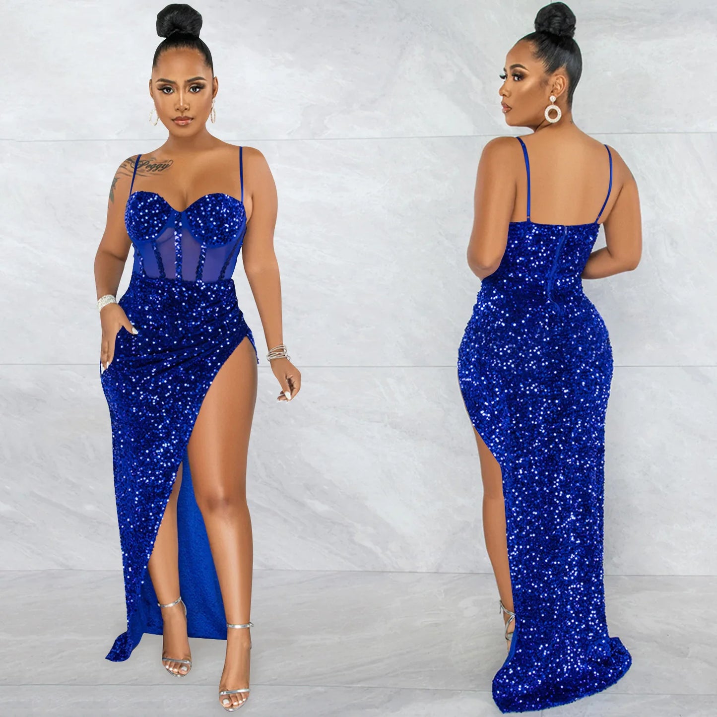 High Side Split Sequin Bodycon Maxi Evening Dress